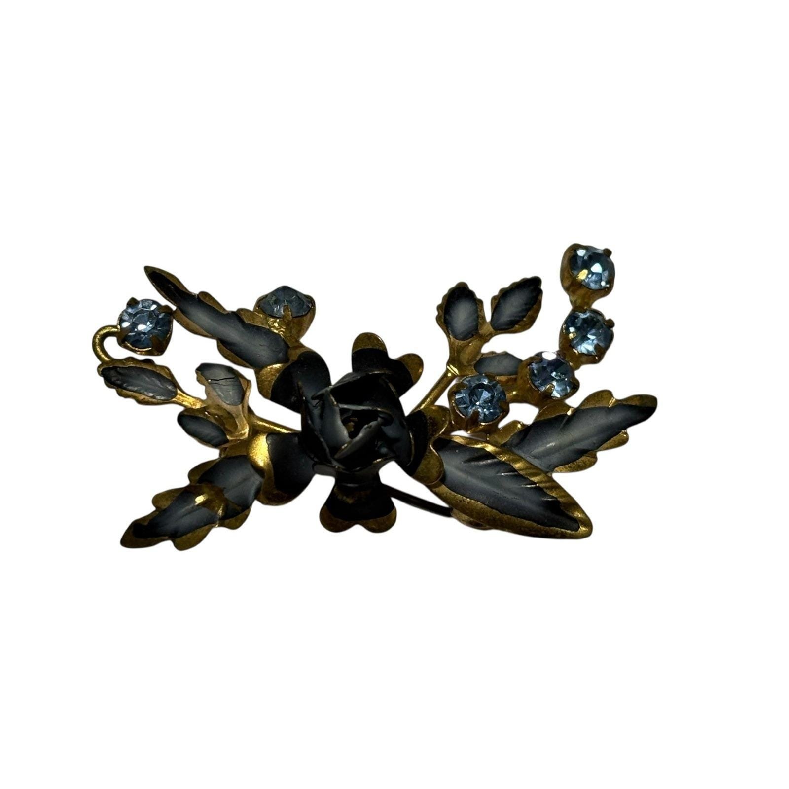Vtg Signed Austria Blue Enamel Flower Brooch W/ Rhinestones Gold Tone 2